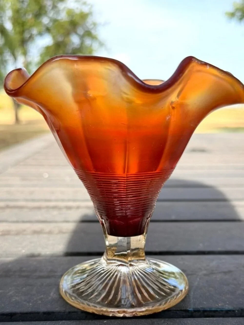 Antique Fenton Fine Rib Marigold Carnival Glass Footed Ruffled Vase c1910